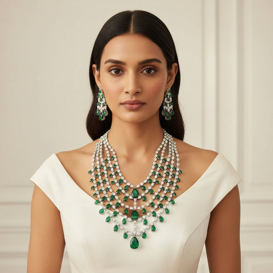 Silver plated gorgeous diamond and emerald necklace designs Set
