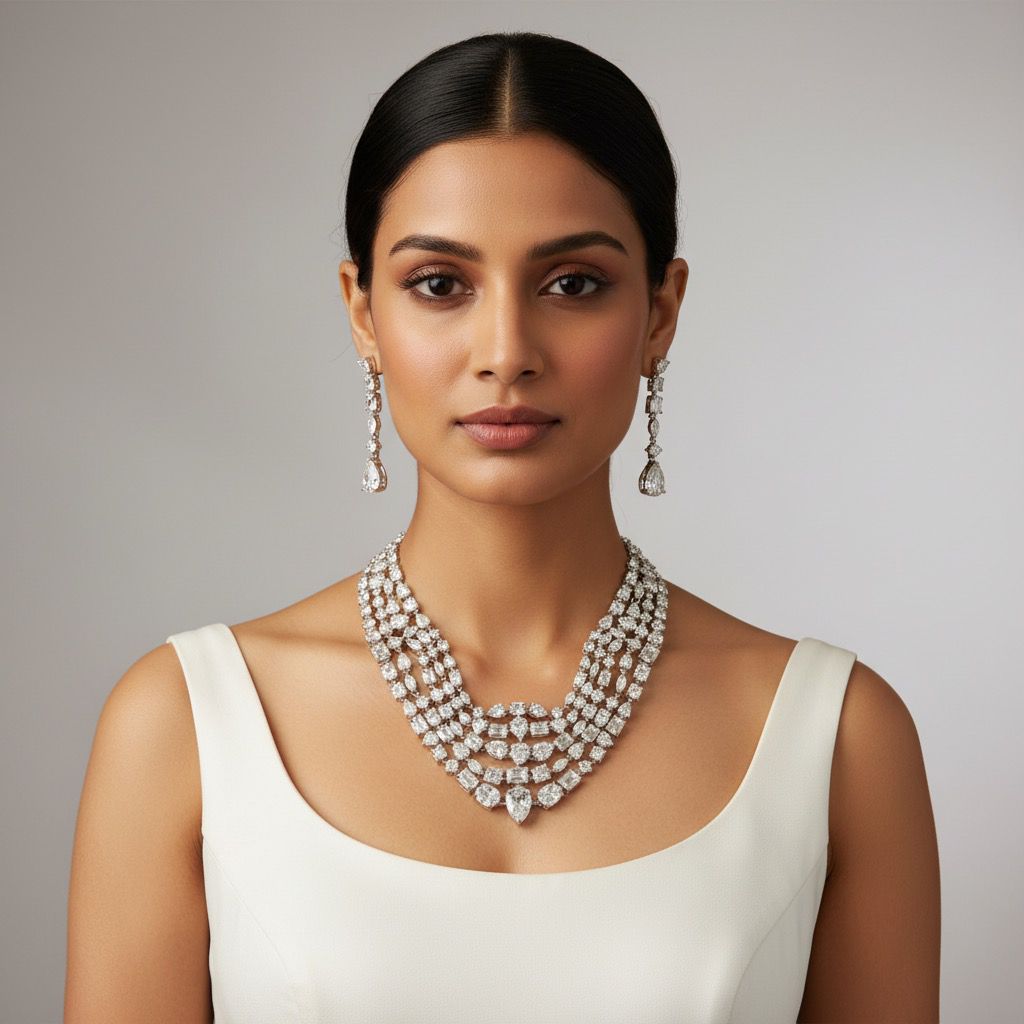 Diamond Layer Silver Plated Beautiful Necklace Set