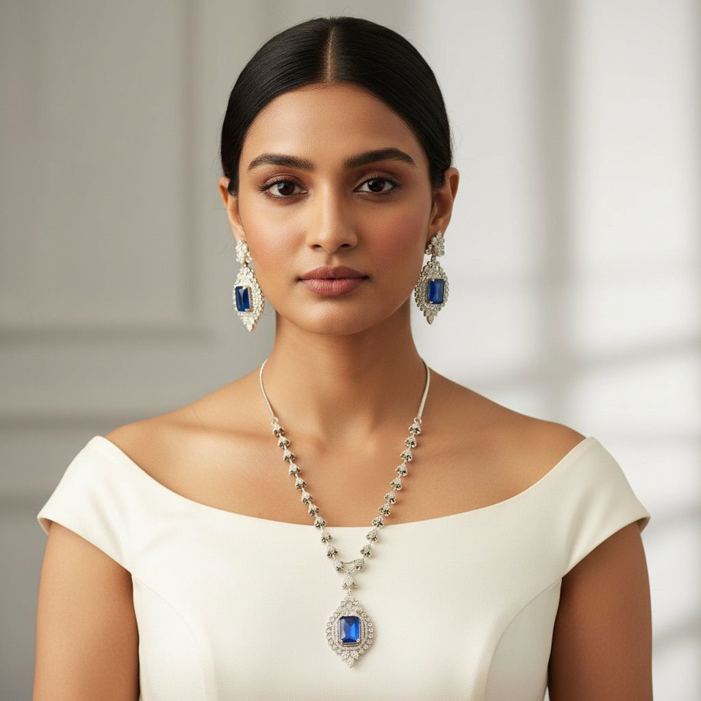 Silver Plated Blue Diamond Necklace Set