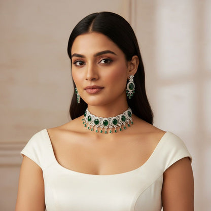 Emerald Diamond Princess Strands Choker Necklace Set