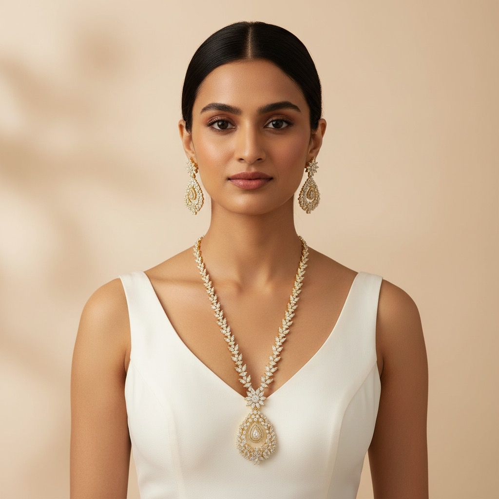 gold plated with diamond long necklace Set