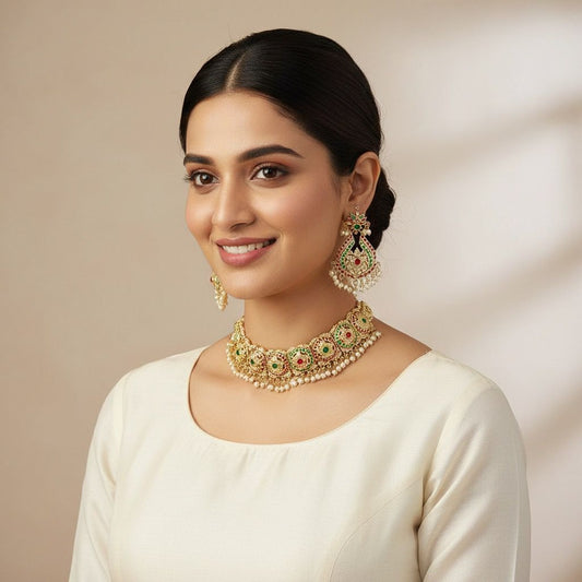 Ruby & Green Gold Plated Jadau Chokar Set