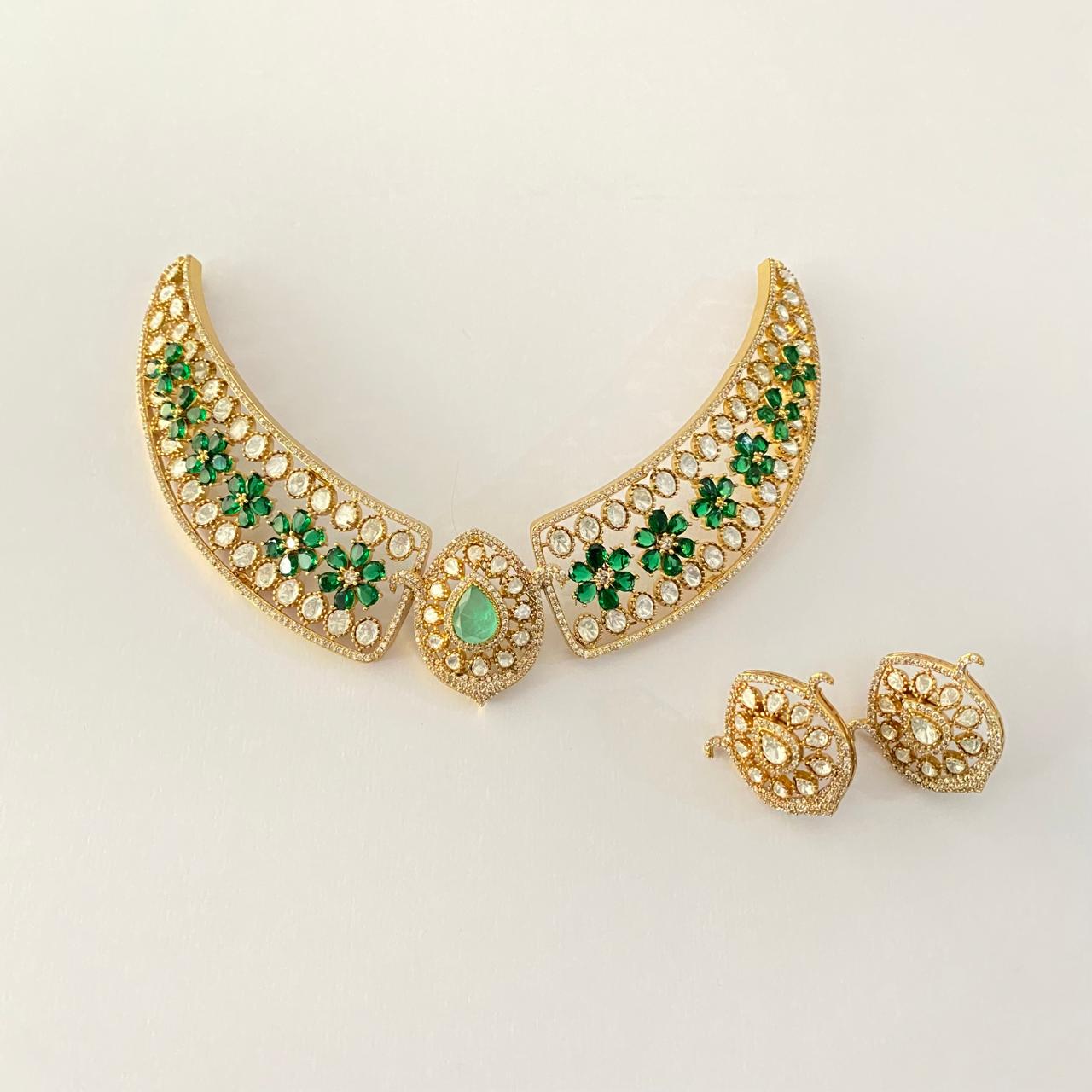 Finest Polki  Emerald Kundan Necklace with stud