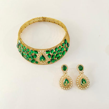Emerald Diamond Hasli style Necklace with Earrings