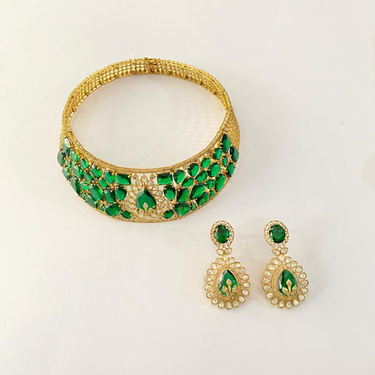 Emerald Diamond Hasli style Necklace with Earrings