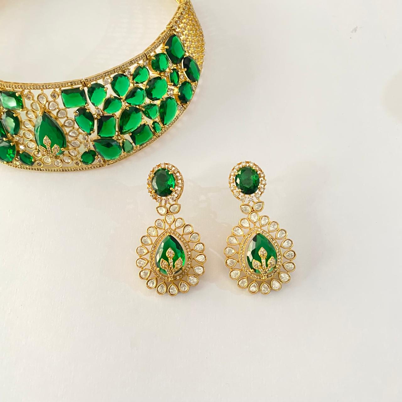 Emerald Diamond Hasli style Necklace with Earrings
