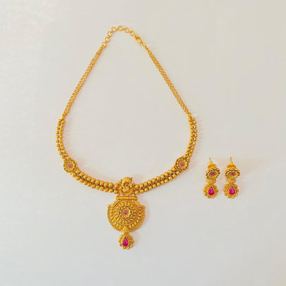 Antique Gold Plated Necklace Set with Ruby