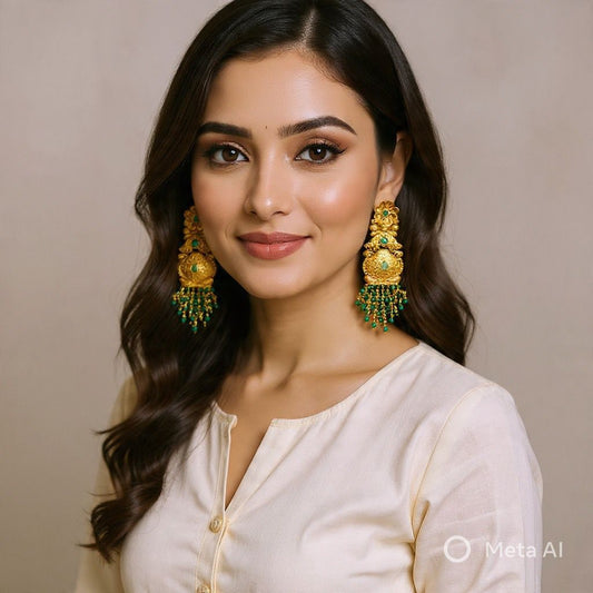 Antique Gold Plated Earring with Green Drops