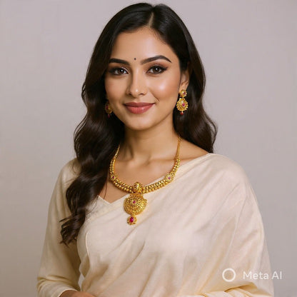 Antique Gold Plated Necklace Set with Ruby