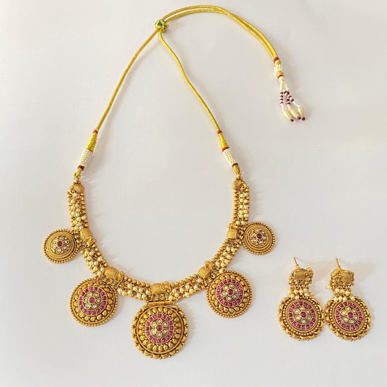 Gold Plated  with Ruby latest design Necklace Set