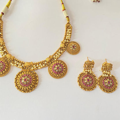 Gold Plated  with Ruby latest design Necklace Set