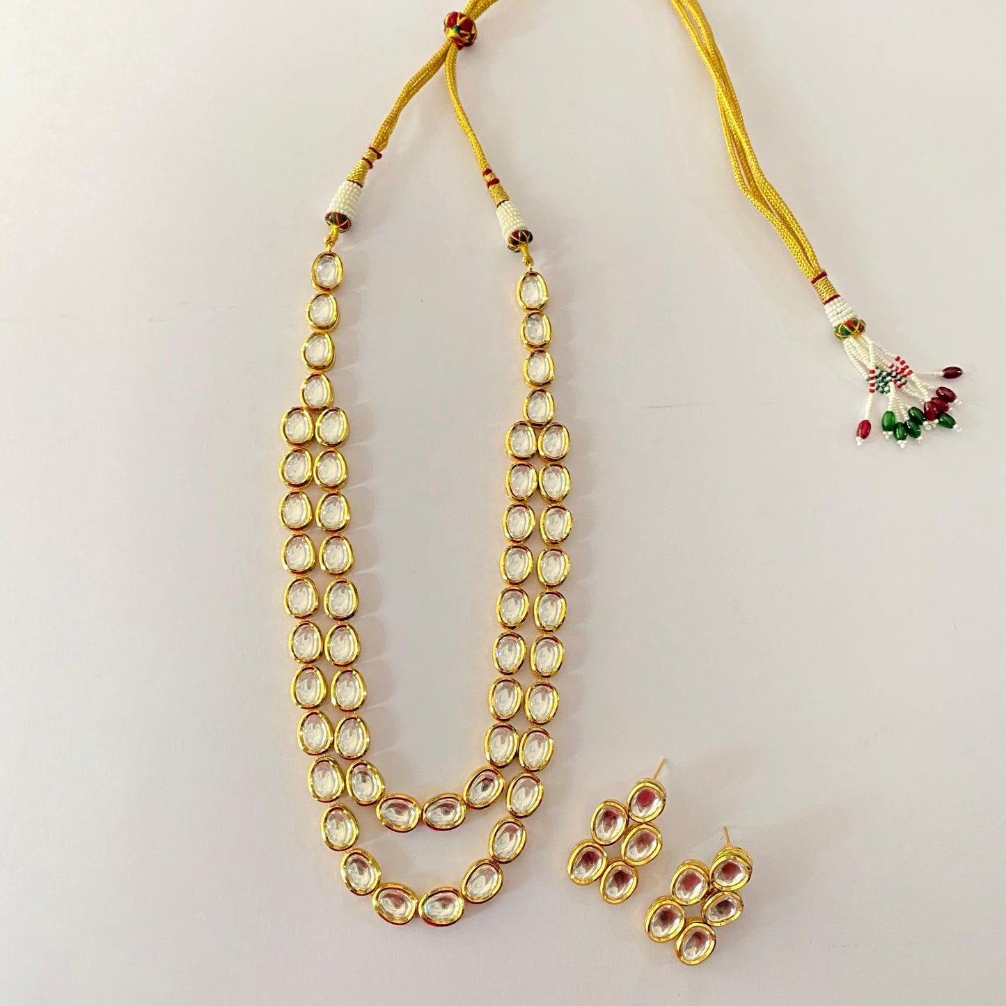 Gold Plated Double Line Kundan Long Necklace Set