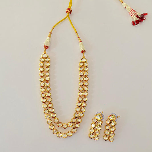 Gold Plated Double Line Kundan Long Necklace Set