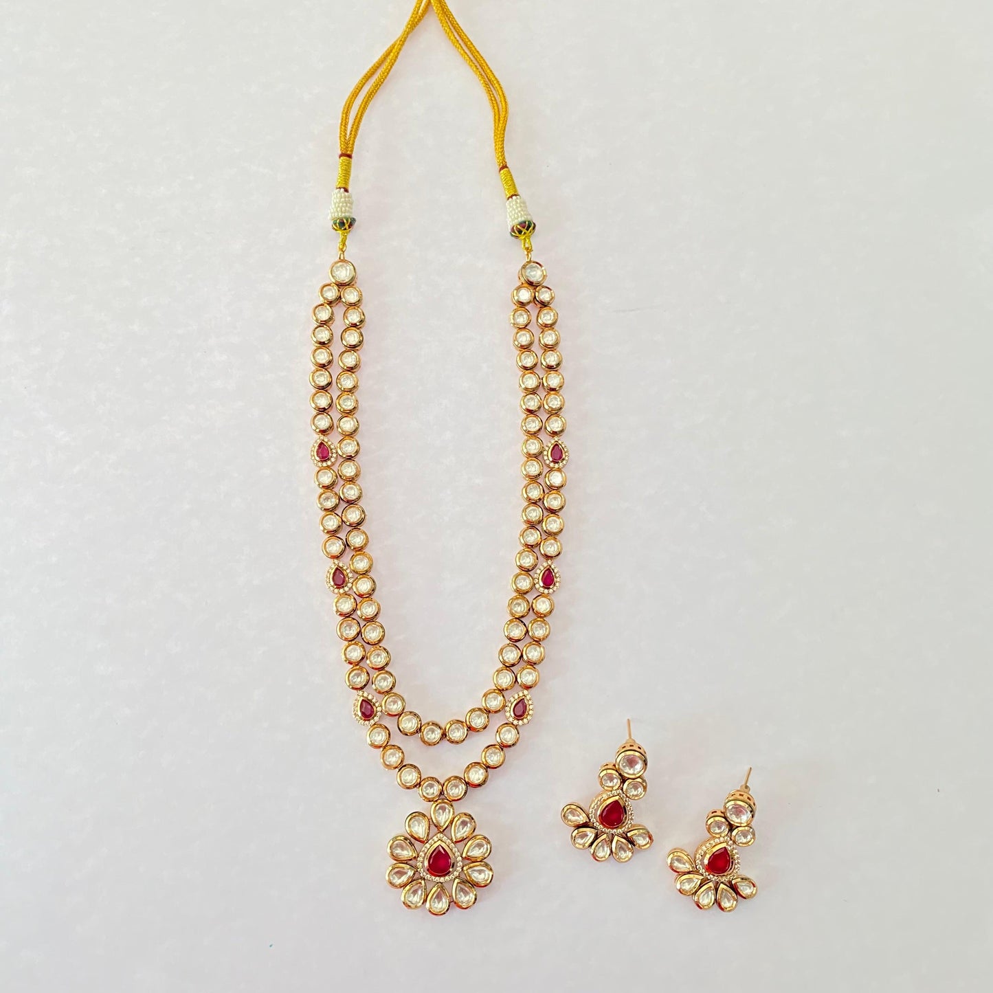 Ruby Kundan Polki Flower design drop Double layer Long Necklace Set
