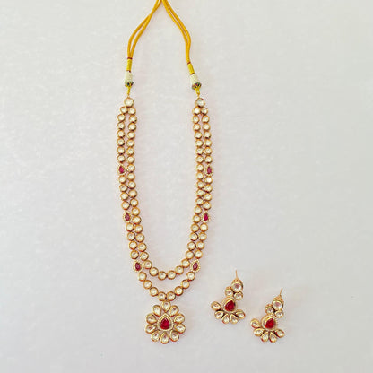 Ruby Kundan Polki Flower design drop Double layer Long Necklace Set