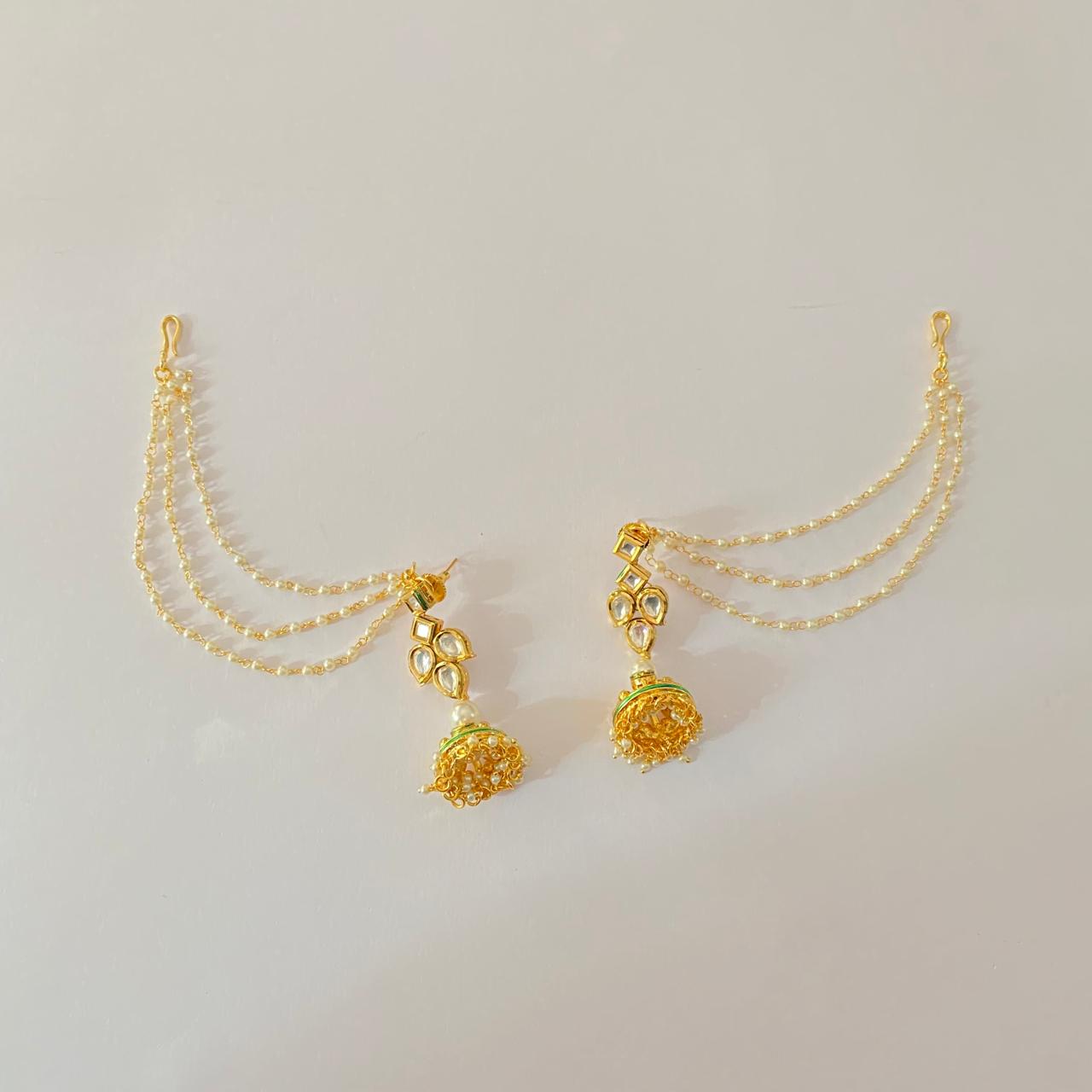 Kundan Gold plated jhumka with pearl kaan chain