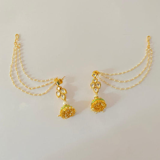 Kundan Gold plated jhumka with pearl kaan chain