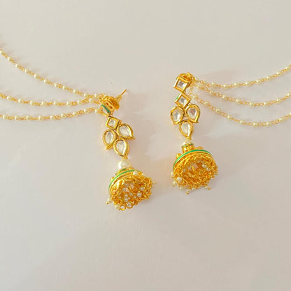 Kundan Gold plated jhumka with pearl kaan chain
