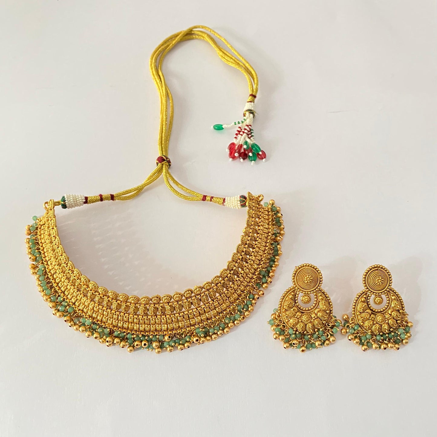 Antique Gold Plated Necklace Set with Green Drops