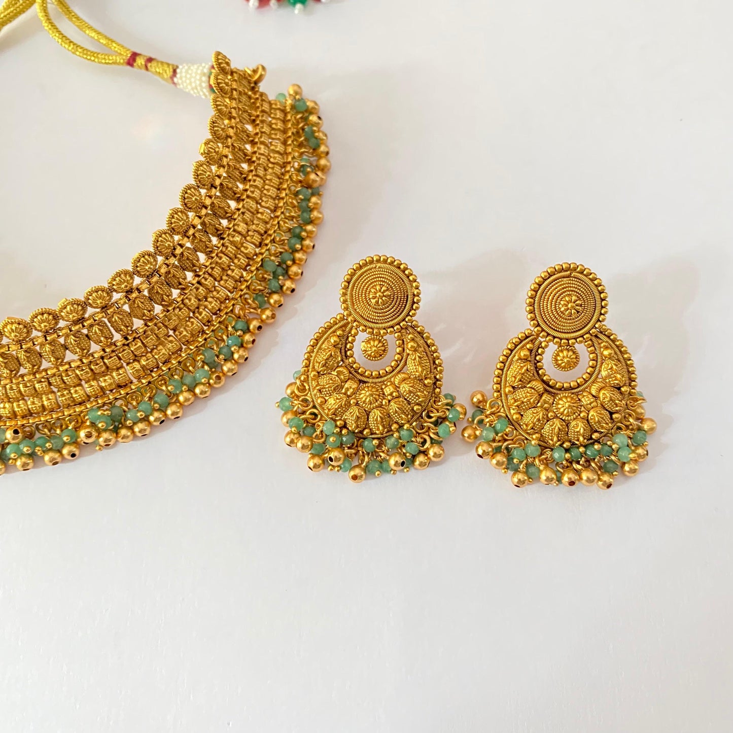 Antique Gold Plated Necklace Set with Green Drops