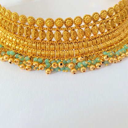Antique Gold Plated Necklace Set with Green Drops