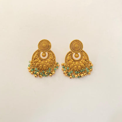 Antique Gold Plated Necklace Set with Green Drops