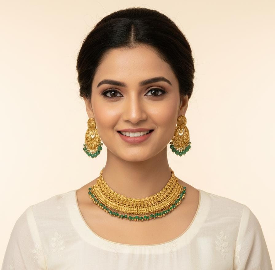 Antique Gold Plated Necklace Set with Green Drops