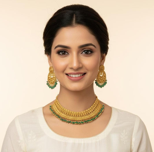 Antique Gold Plated Necklace Set with Green Drops