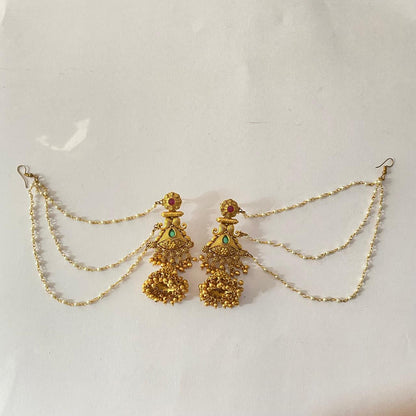 Gold plated jhumka with pearl kaan chain