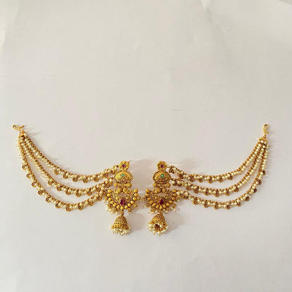 Gold plated jhumka with pearl three layer kaan chain