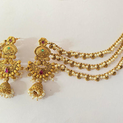 Gold plated jhumka with pearl three layer kaan chain