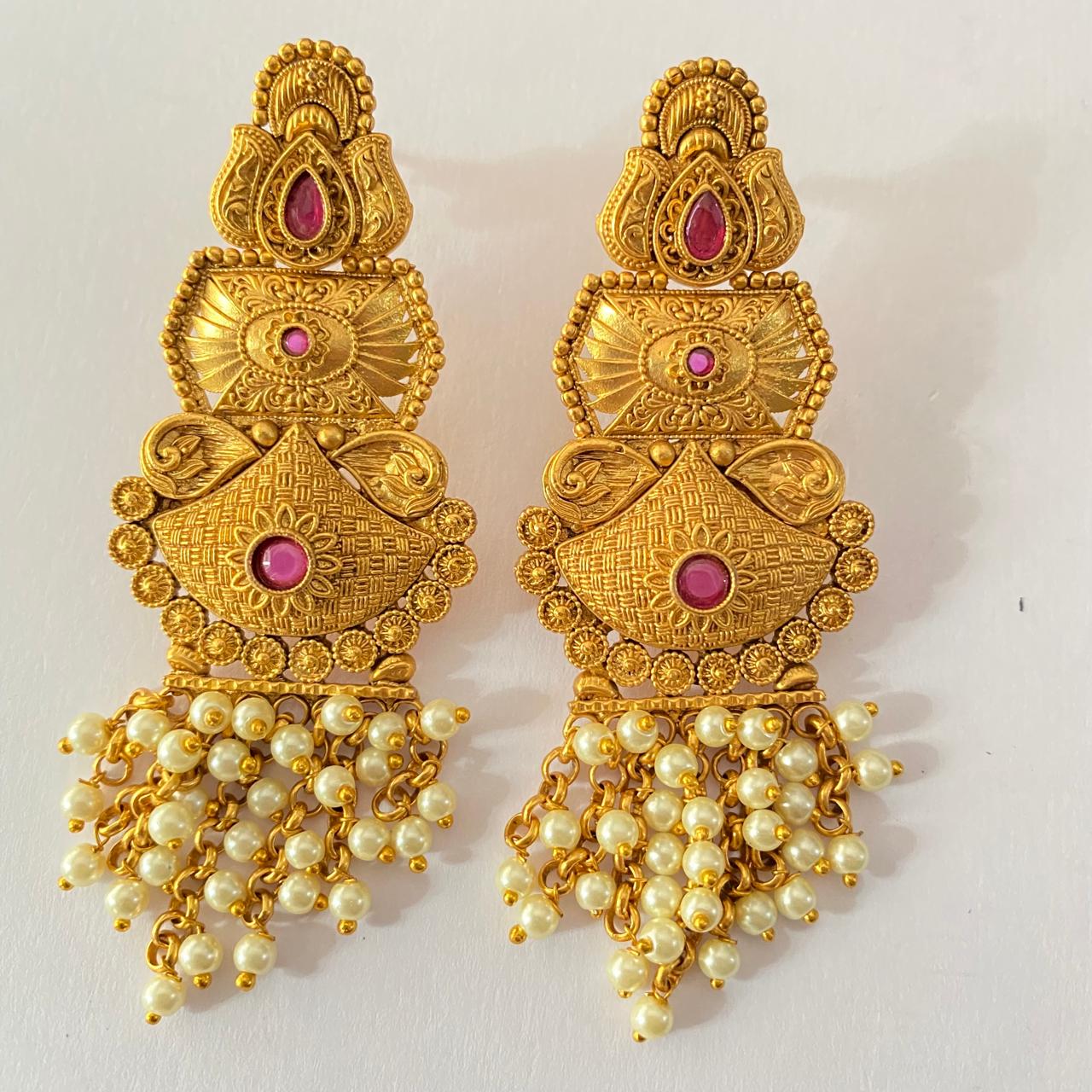 Gold Plated temple ruby lates design with pearl earring