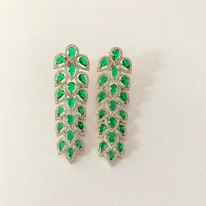 Diamond Emerald Silver Plated Classic Leaf Style Earring