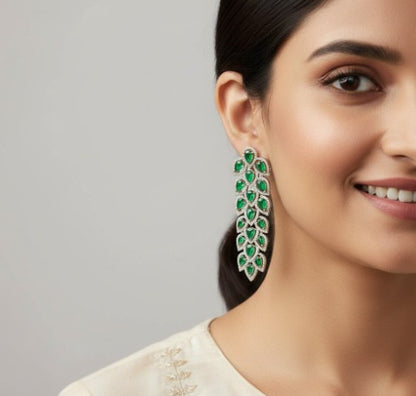 Diamond Emerald Silver Plated Classic Leaf Style Earring