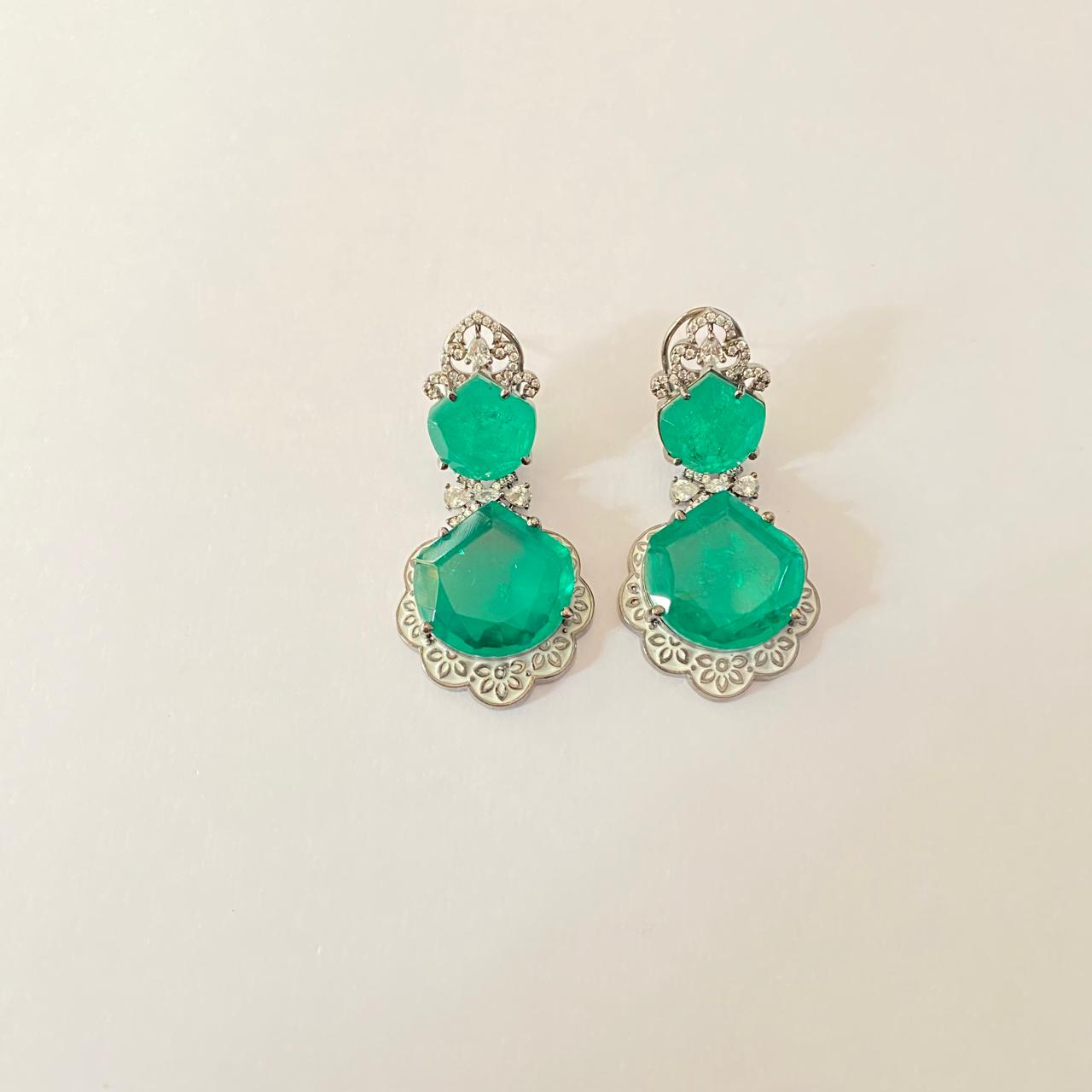 Emerald A.D Silver Plated with Polki Design Earring