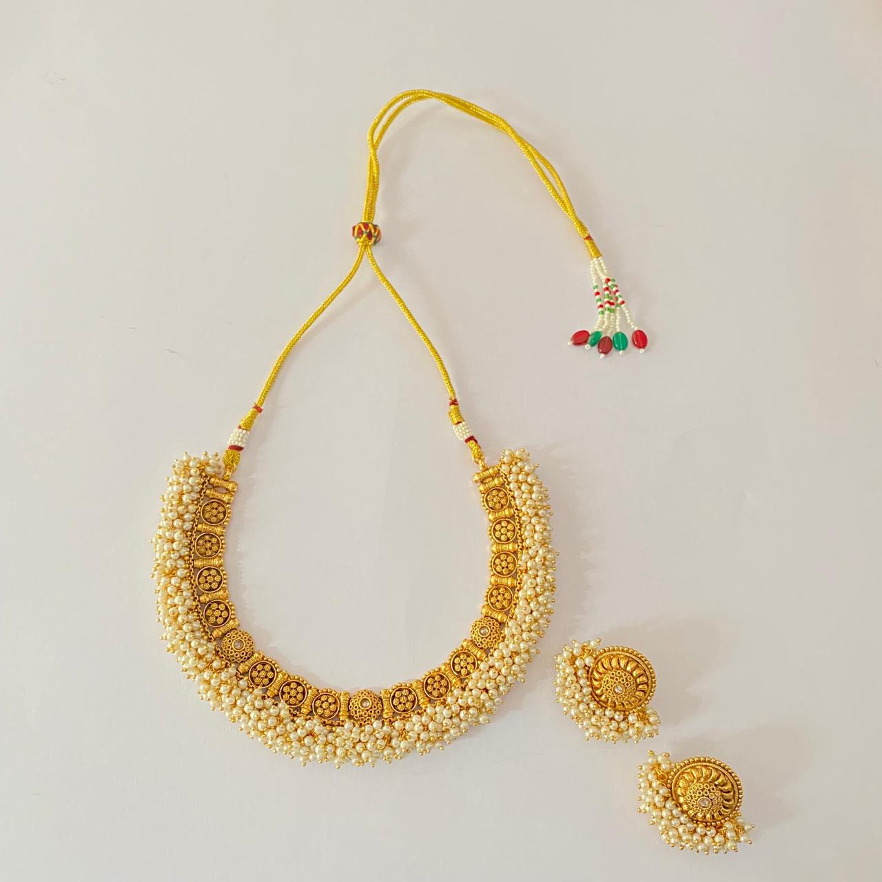 Antique Gold with White Beads Necklace Set