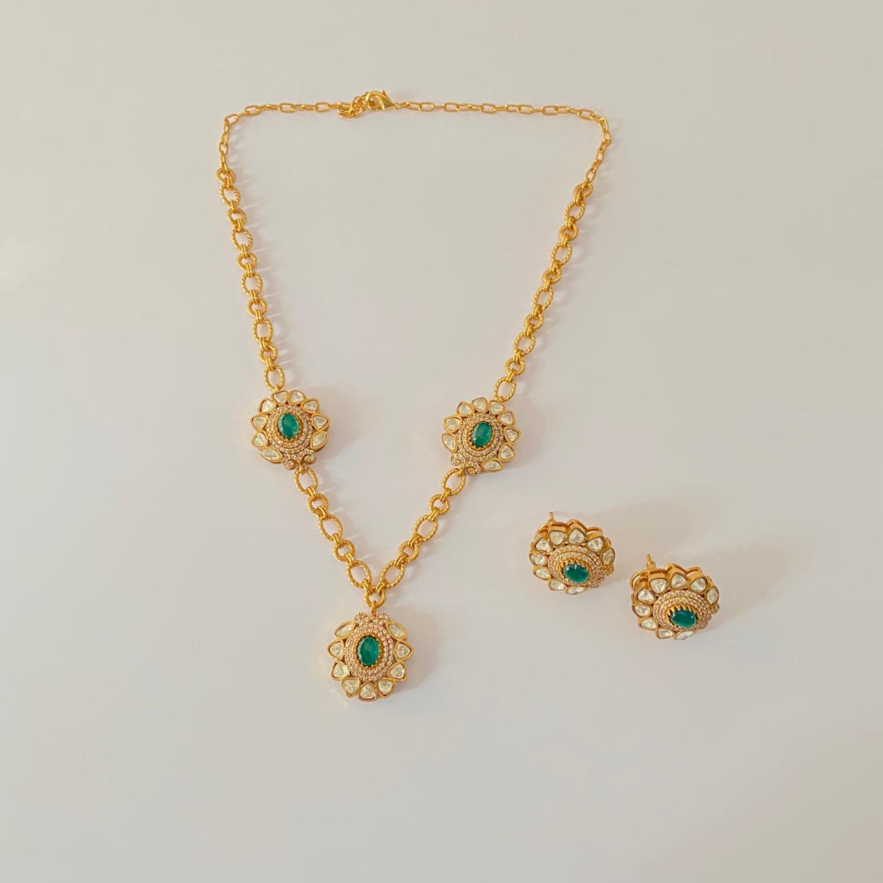 Emerald Gold Plated Mosonite floral Necklace Set