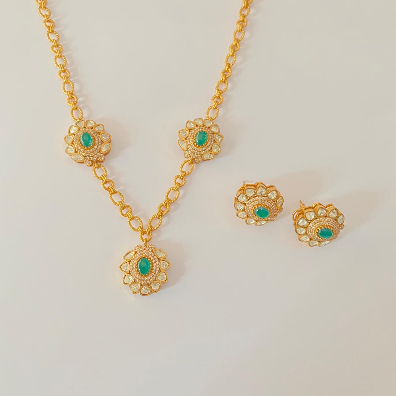 Emerald Gold Plated Mosonite floral Necklace Set
