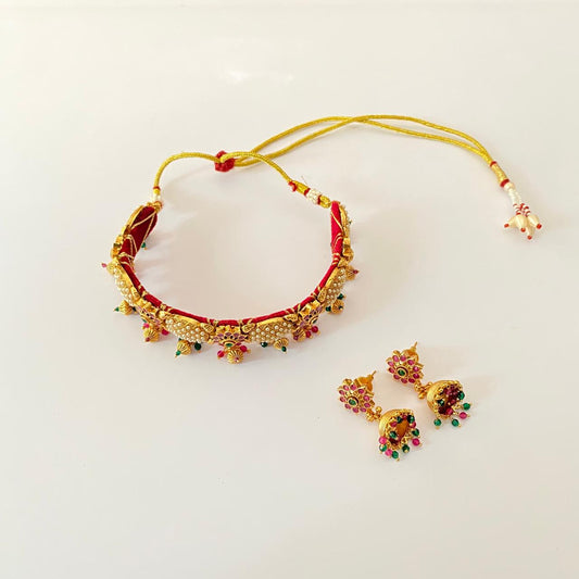 Antique Emerald and Ruby Gold Plated Chokar Set