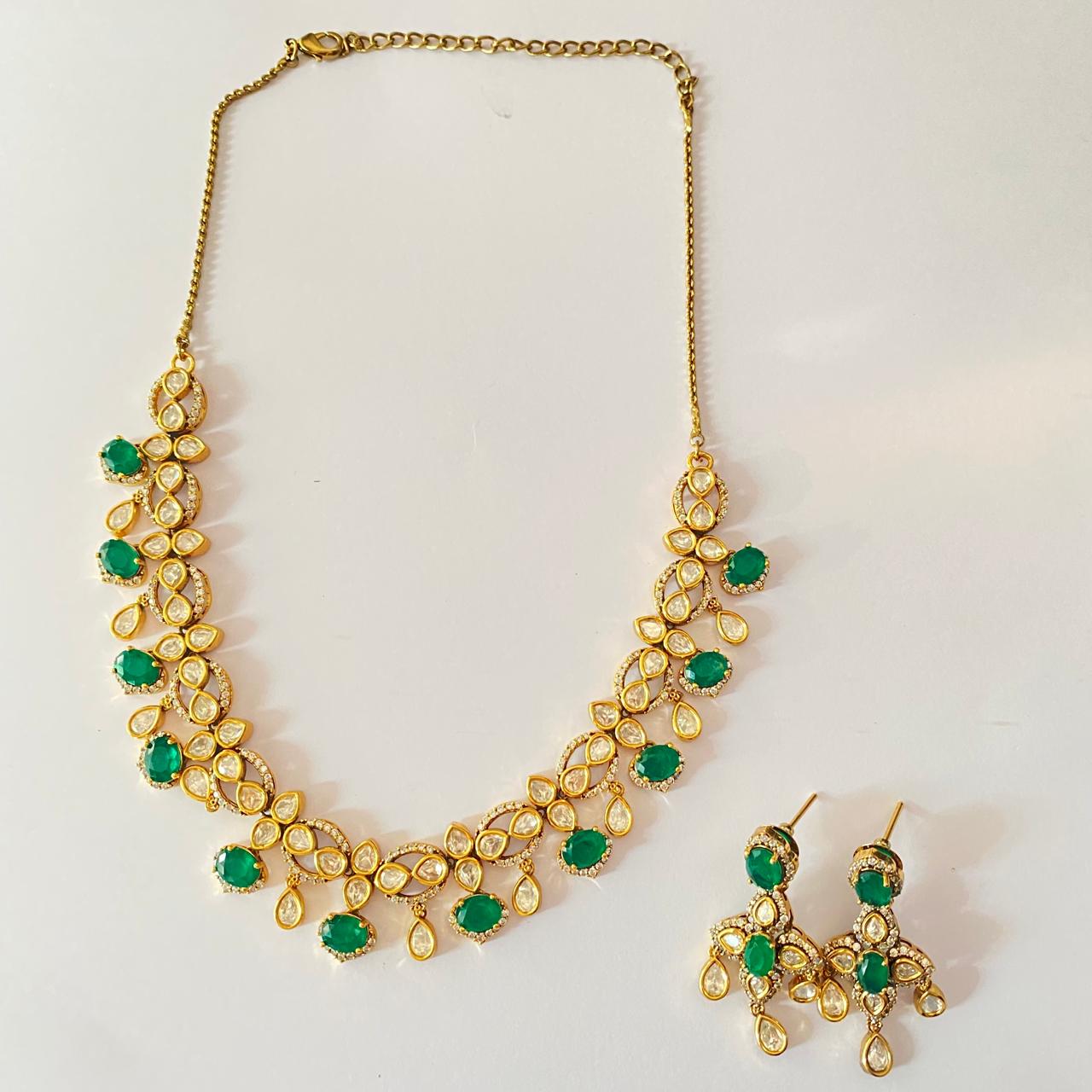 Emerald Gold Plated Kundan Necklace Set