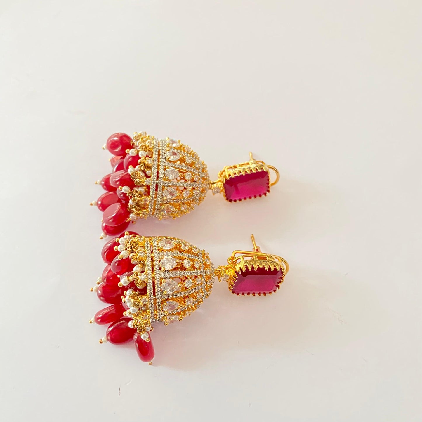Diamond Gold Plated Hanging Pink stone with back clip Jhumka
