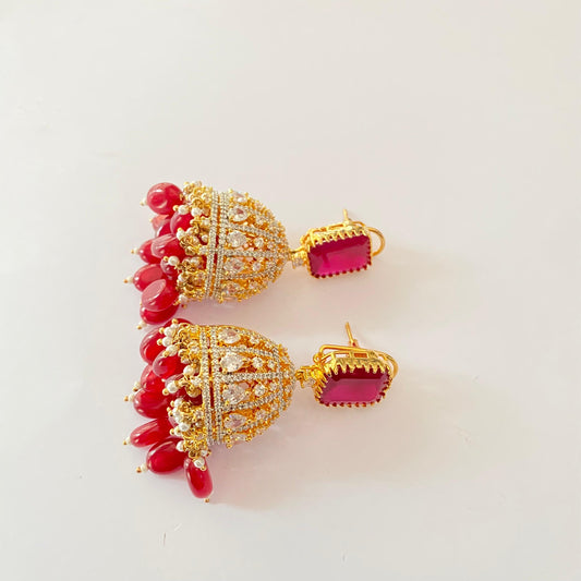 Diamond Gold Plated Hanging Pink stone with back clip Jhumka