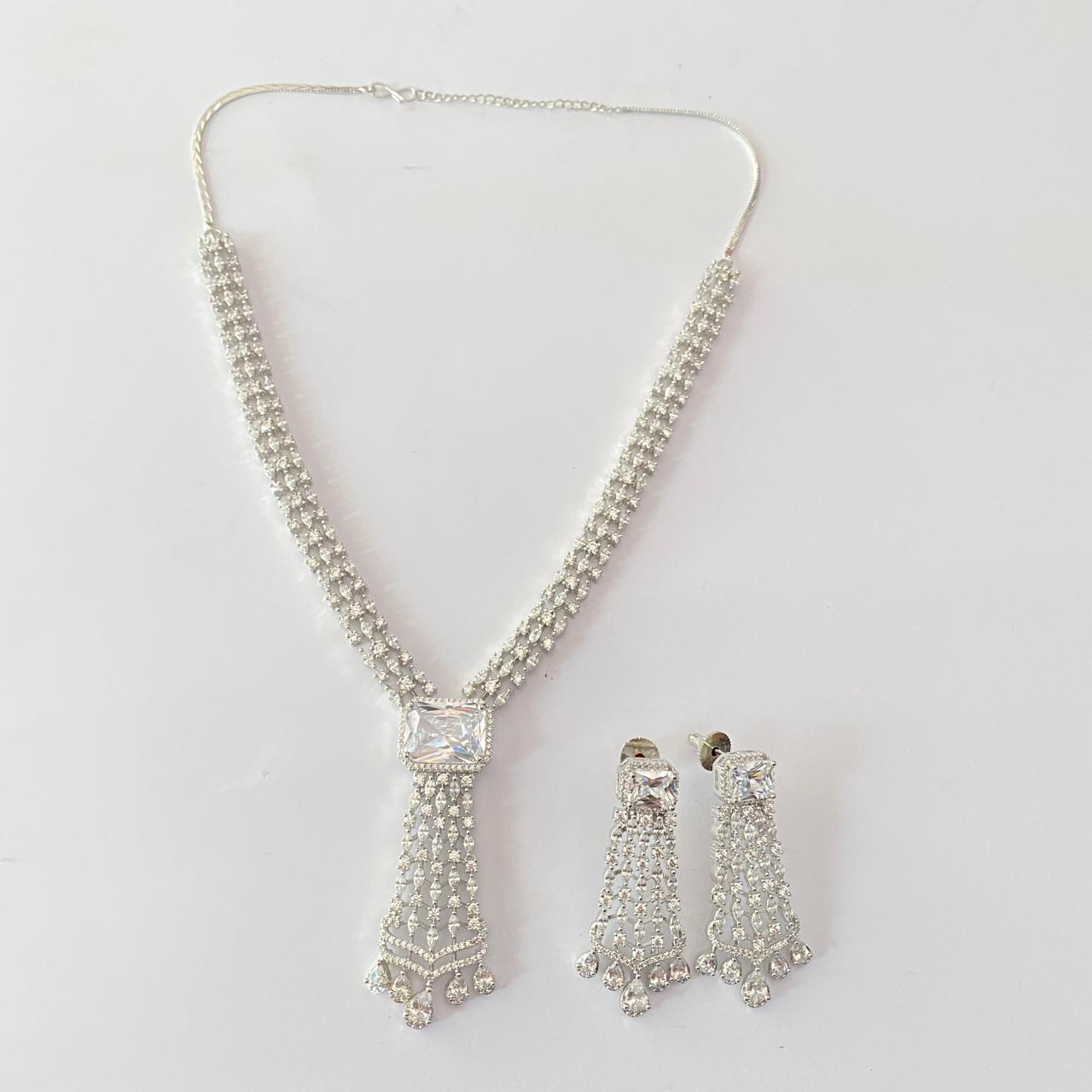 Silver Plated American Diamond Statement Elegance Necklace Set