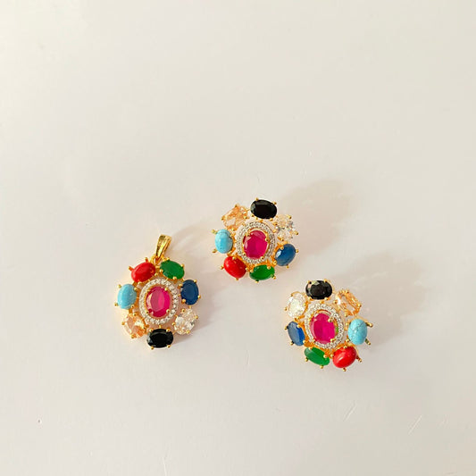 Gold Plated Navratan Pendant Set