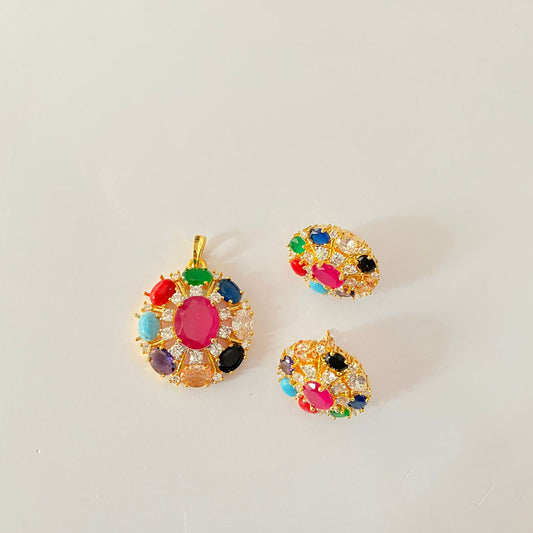 Gold Plated Navratan Pendant Set
