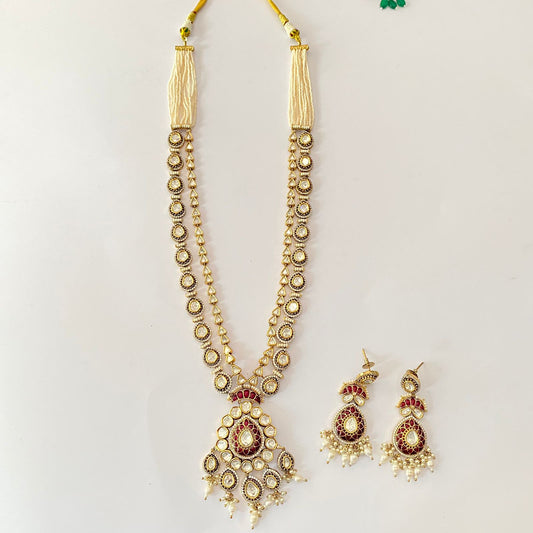 Kundan Polki Double Line Ruby Long Necklace Set