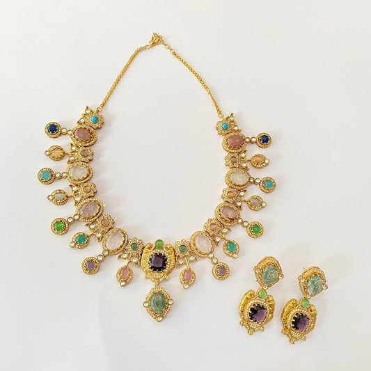 Multi Sabyasachi Antique Gold Plated Necklace Set