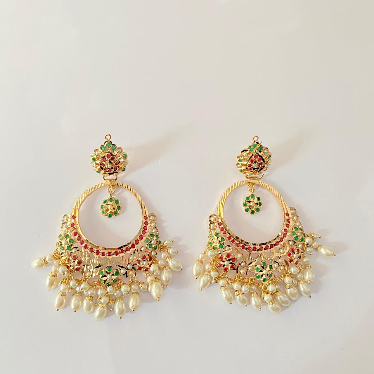 White Ruby & Green Jadau Chand Bali