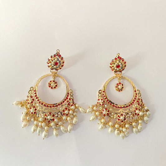 White Pearl Ruby Jadau Chand Bali