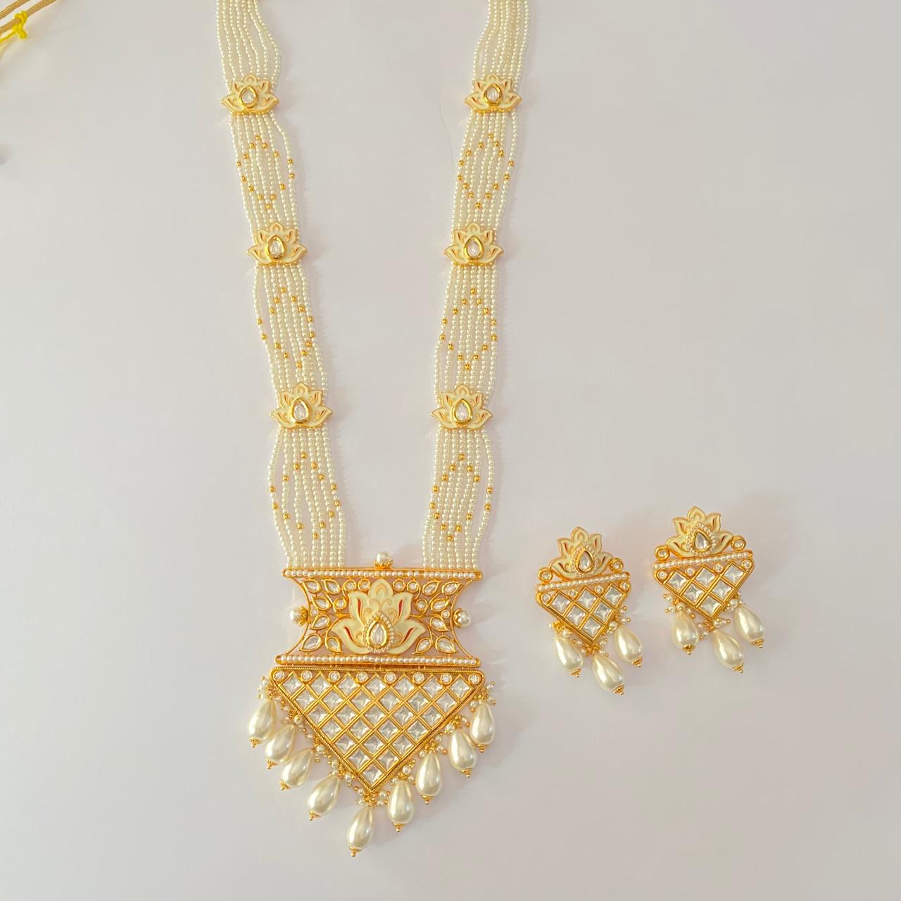 polki Gold plated pearl string long necklace Set